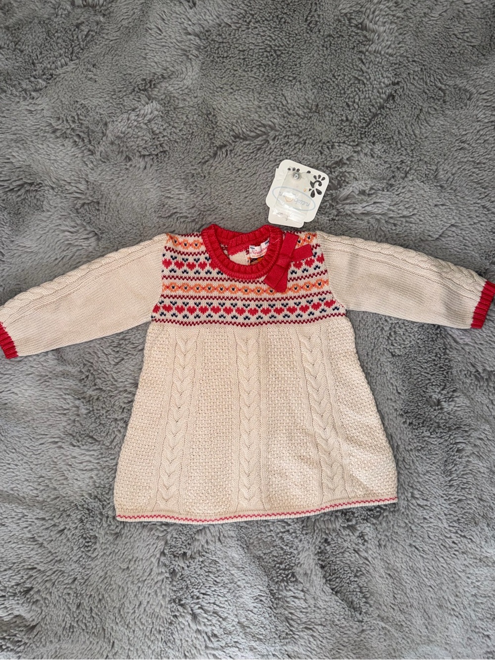 NWT Mayoral Newborn Sweater Dress 6M 4-6M Fair Isle Heart Cable Knit Bow